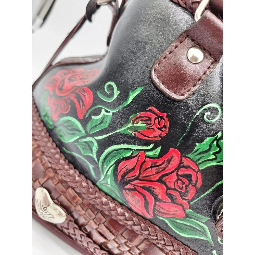 Vintage Black Brown Roses Handpainted Satchel Bag  Upcrafted Braided Woven Heart
